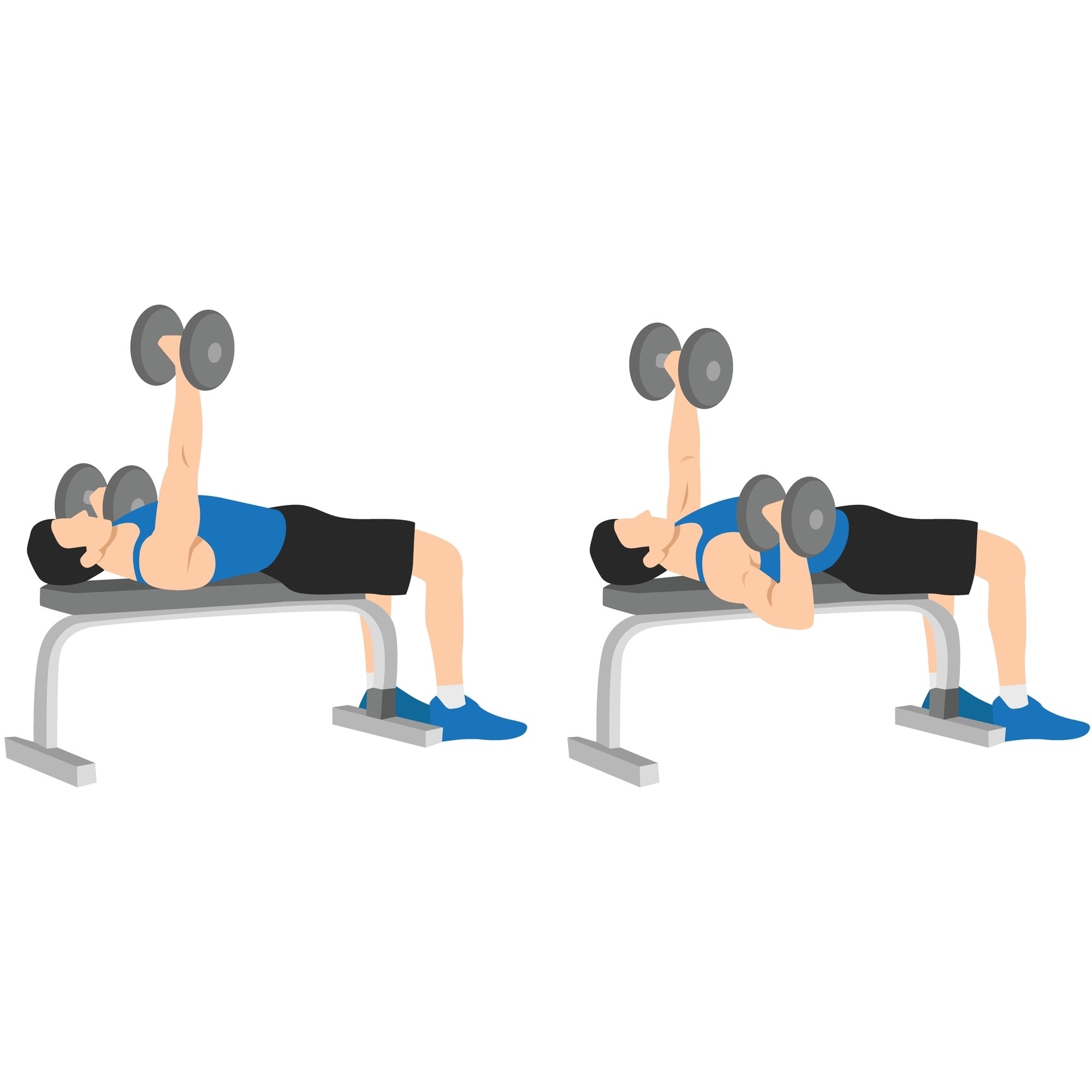illustration demonstrating alternating flat dumbbell bench press; he lays flat on a bench with a dumbbell in each hand, alternating raising and lowering each one