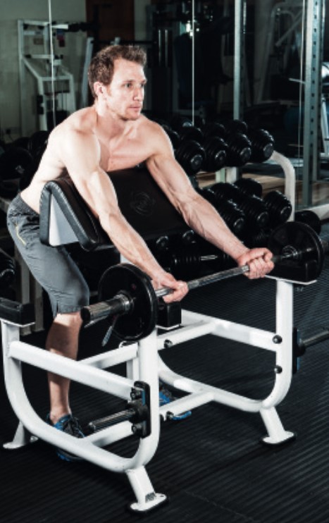 Man performing the EZ bar preacher curl - how to build bigger arm muscles