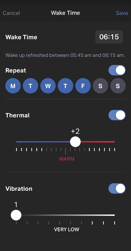 Eight Sleep app screen displaying thermal temperature settings