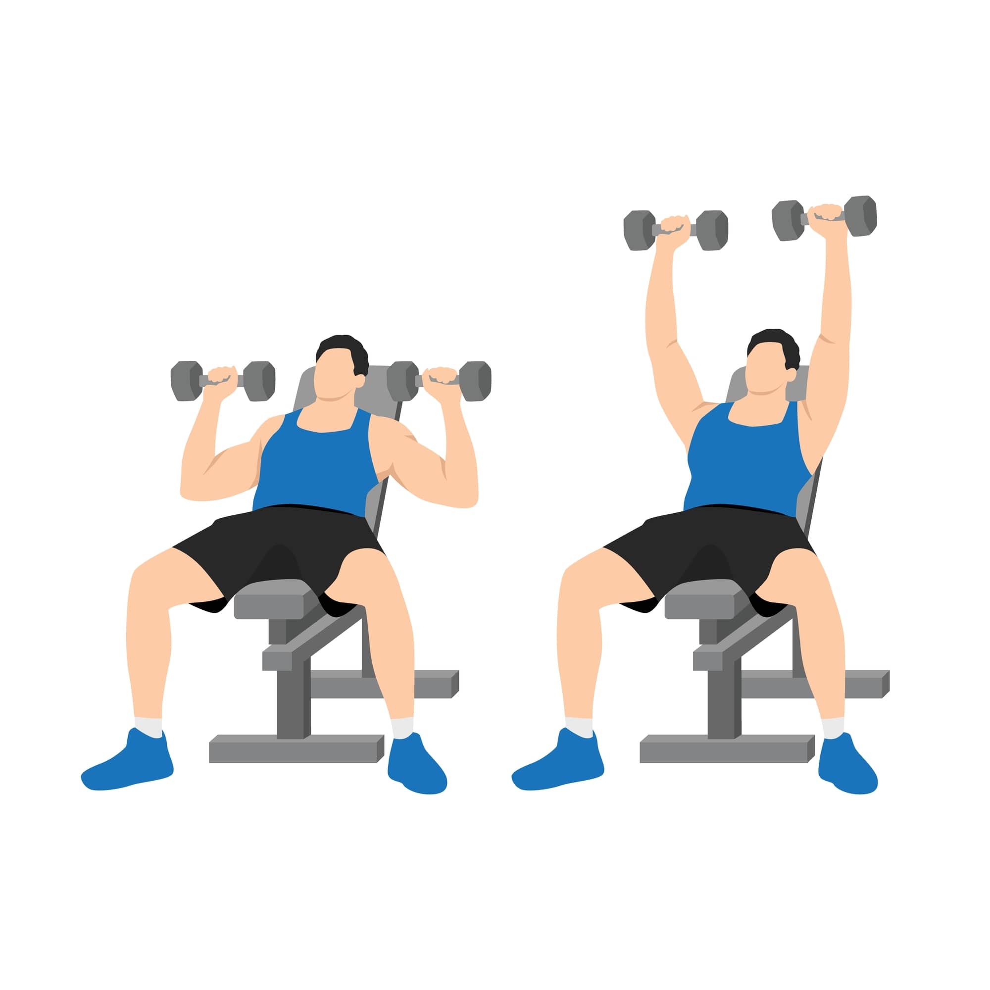 illustration demonstrating two stages of incline dumbbell press; man sits on bench at 45 dgree angle, he holds two dumbbells at shoulder height before pushing them up above his head
