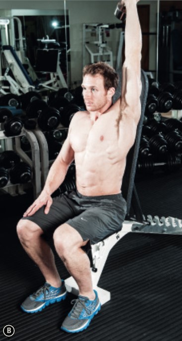 Man performing the end of the single-arm triceps extension - how to build bigger arm muscles