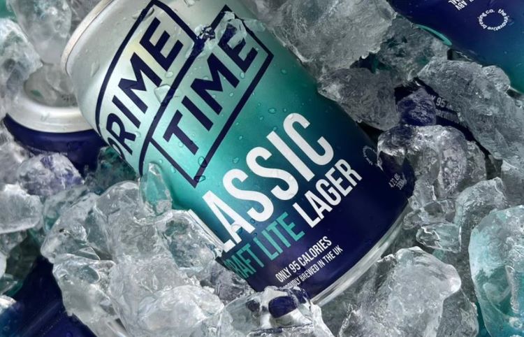 A can of Prime Time lager sitting on ice
