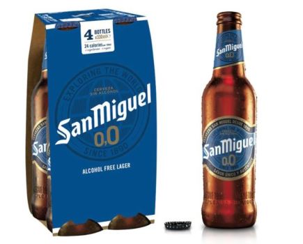 A bottle and four-pack of San Miguel 0.0