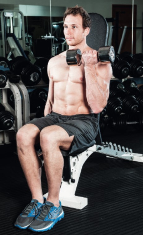 Man performing the end of the seated dumbbell curl - how to build bigger arm muscles