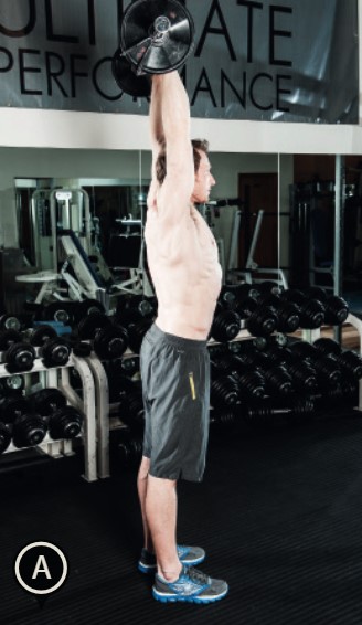Man performing the standing EZ bar triceps extension - how to build bigger arm muscles