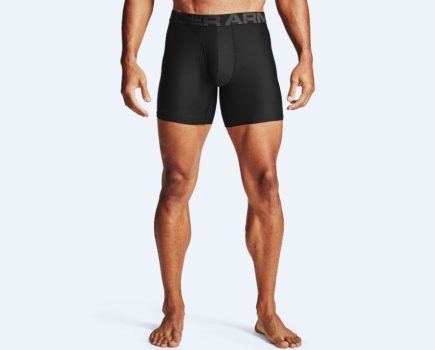 Product shot of lower torso of a man wearing Under Armour boxer shorts