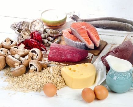 Food including meat, cheese and fish, which are sources of vitamin B12